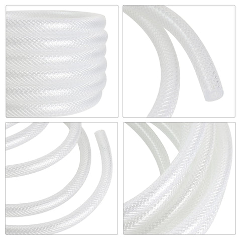 Clear braided hose coiled; 3/8 in ID × 19/32 in OD, translucent PVC tubing
Close-up of white braided exterior on clear PVC hose
Coiled translucent hose with braided sheath, multiple loops
Close-up of hose wall with fine braided pattern and clear surface