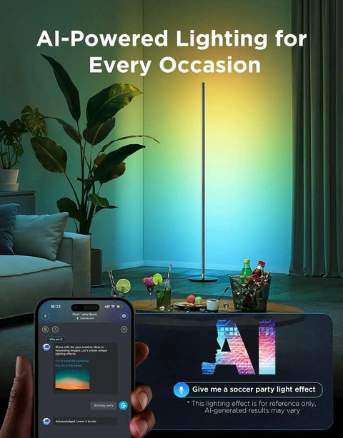 RGBIC Floor Lamp 1000lm With Music Sync And 16 Million Colors SmartThings Matter in living room with app interface.