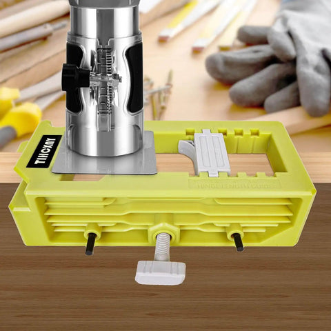 Green Door Hinge Jig For Quick Install No Fuss All In One Router Template for 3 to 5 Inch hinges on wooden surface