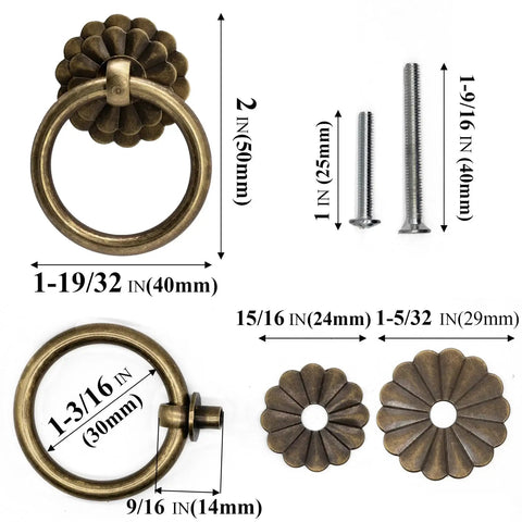 Antique Bronze Ring Pulls Set Of 6 With Flower Deco Knobs For Drawers Cabinets Closets And Cupboards Vintage Style Hardware detail view