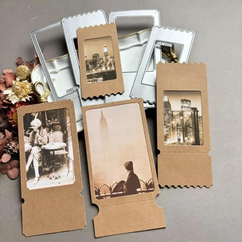 Totally Versatile Vintage Film Frame Die Cutting Set for Card Making and Scrapbooking, showing die cuts in ticket stub styles