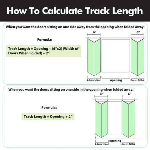 Illustration showing formulas to calculate track length for bi-folding doors with examples and measurements.