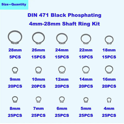 290 Piece C Clips External Retaining Ring Assortment Kit Heavy Duty Black Alloy Steel 15 Sizes 4mm To 18mm displayed by size and quantity