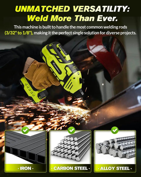 Grab And Go 110V Stick Welder With IGBT Inverter in use, welding metal with sparks, suitable for iron, carbon steel, and alloy steel