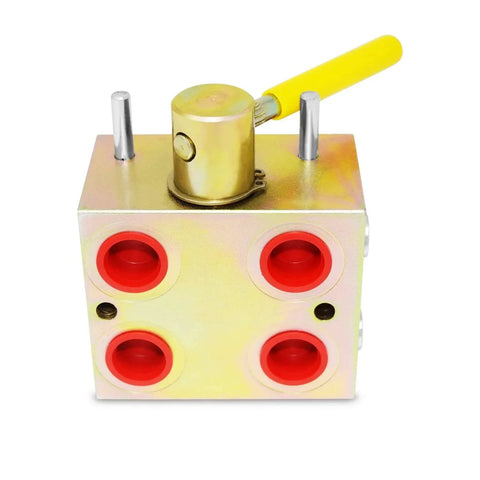 Manual Hydraulic Multiplier And SCV Splitter Diverter Valve, four red ports, yellow handle, splits one circuit into two, 45° switch
