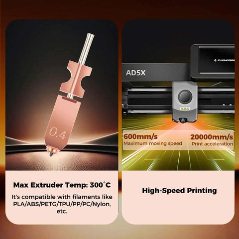 Graphic of upgraded 0.4mm metal hot end nozzles kit for 3D printers showing high-speed printing on Flashforge AD5X, max 300°C extruder temp.
