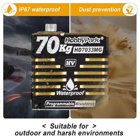 Waterproof Brushless RC Servo High Torque 70kg with metal gears and aluminum case, shown with dust prevention and IP67 waterproof label