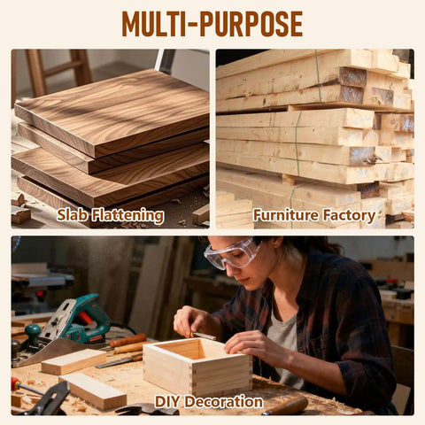 Collage showing router sled for flattening slabs 48 inch with HDPE benchtop and woodworking applications.