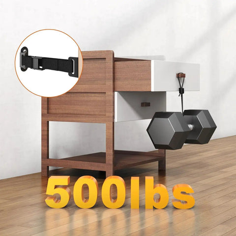Two Sets Heavy Duty Furniture Wall Anchors With 500Lb Load Capacity Earthquake Proof Safety Kit installed on wooden dresser
