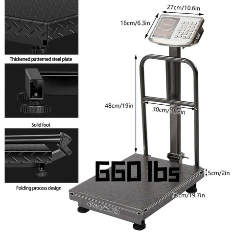 Workhorse 660Lb Platform Scale With Removable Guardrail Foldable Dual Sided Digital Display Accurate LB KG Readouts Great For Luggage Packages And Shipping Stainless Steel Portable And Easy To Store, showing scale dimensions and features