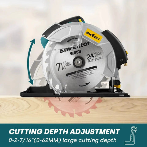 Powerful 7-1/4 Inch Circular Saw With A 10A Pure Copper Motor And Laser Guide Delivers 5800 RPM Includes Two Blades 40T And 24T Adjustable Cutting Angle From 0 To 90 Degrees One Handed Bevel Design Blue shown on wooden table with cutting depth adjustment.