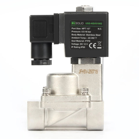 1/2 in stainless steel solenoid valve with black DC12V coil actuator; JFHSV-250715 on body