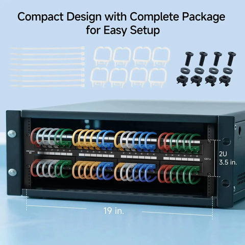 Beefy 48 Port Cat6 Patch Panel for rackmount or wall mount, 19-inch 2U network, shown with accessories for easy setup