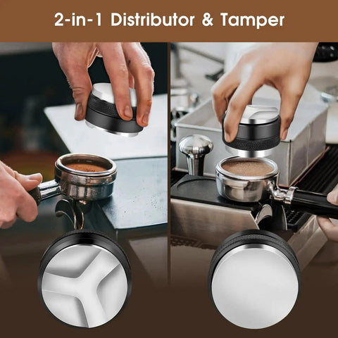 Espresso Accessories Kit 51mm For Delonghi And Other 51mm Machines with dual head distributor and tamper shown in use