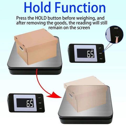 110 Lb Digital Postage Scale With LCD Display And Hold Tare Function, Wireless LCD Range Up To 5 Meters, showing hold function with package