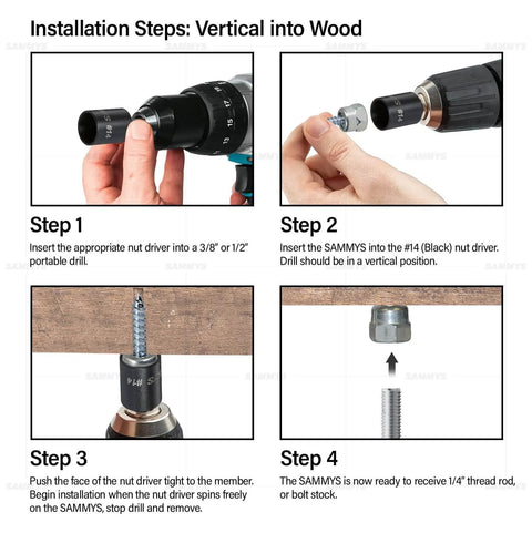 Installation steps for Quick Install Wood Threaded Rod Anchor Ten And Three Eighths Inch, Zinc Finished Steel, No Pre Drilling Required.