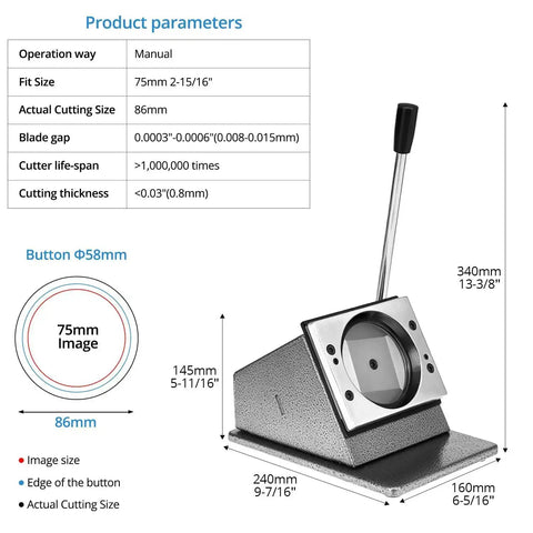 3 Inch Button Paper Cutter And Badge Die Cutter with steel blade and adjustable gap, shown with size and parameter details