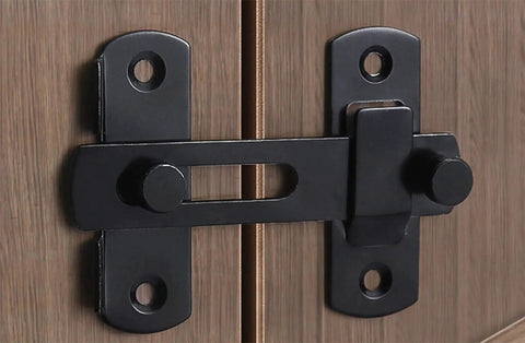 Close-up of 2 Pack Sliding Barn Door Lock Hardware Carbon Steel With Matte Black Finish, installed on wooden door