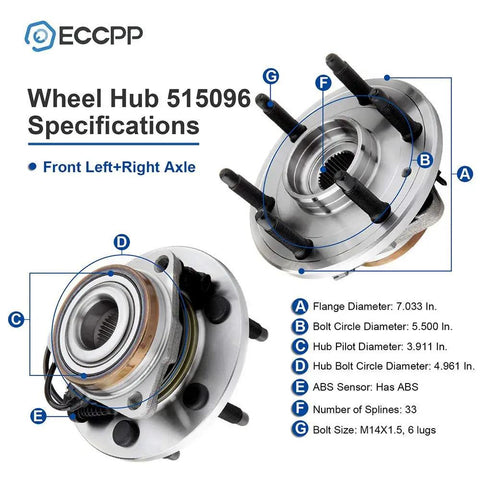 Pair Front Wheel Hub Bearings 515096 For Cadillac Escalade 2007-2014 ESV 4WD 4x4 With ABS, detailed specifications view