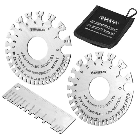 Dual Sided Stainless Steel Wire Gauge Measuring Tool Set With 3 Pieces, 2 Round Gauges And 1 Sheet Metal Thickness Gauge on a flat surface.