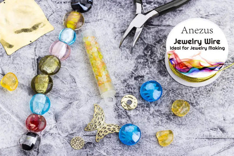 12 Rolls Tarnish Resistant Jewelry Wire Set For Beading And Jewelry Making In 12 Colors including various beads and tools.