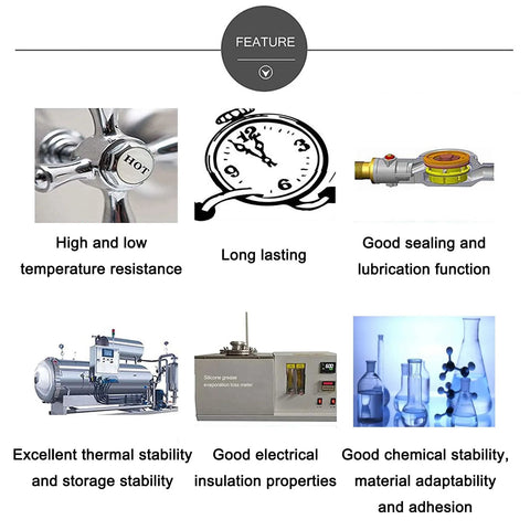 EDSRDUS SG01A high vacuum silicone grease infographic showing sealing, lubrication and insulation with lab equipment