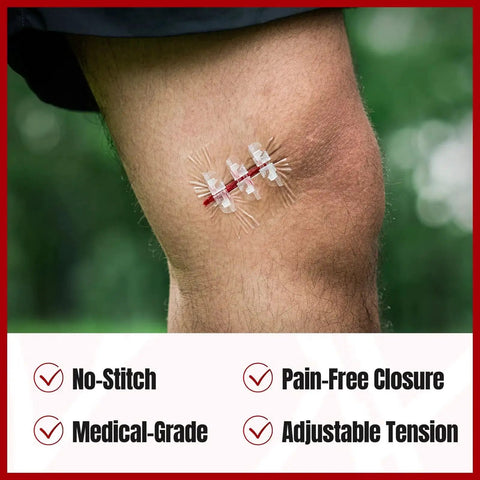 No Stitch Wound Closure Kit With Three Types Butterfly Bandages Zip And Nonwoven Bandages Dumbbell Bandages In Use On Knee