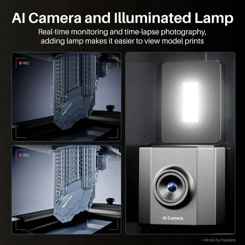 Saturn 4 Ultra 16K Resin 3D Printer AI Camera with Illuminated Lamp showing real-time monitoring and time-lapse photography.
