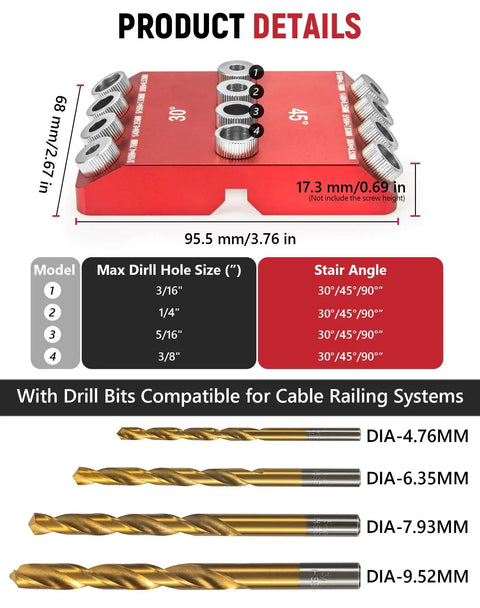 Pro Grade 30 Degree 45 Degree 90 Degree Angle Drill Guide Jig For Hand Drills Portable Drill Guide Block with four bits shown.