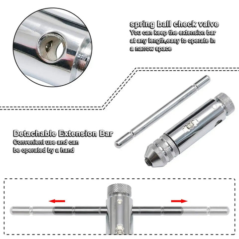 Ratchet T Handle Tap Wrench and 5 Metric Taps M3 M4 M5 M6 M8 Handy Two Way Adjustable Tapping Tool Kit for Home Workshop