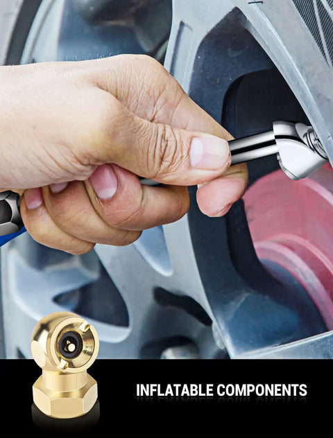 Close-up of tire chuck use from 20 Piece Must Have Air Tool Kit For Air Compressors With One Quarter Inch NPT Quick Connects