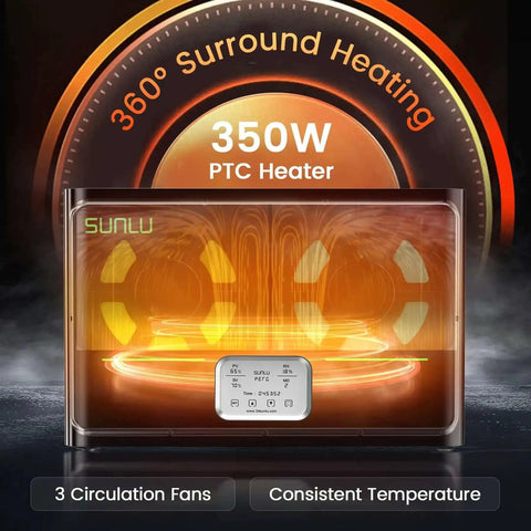 3D Printer Filament Dryer S4 with 350W PTC Heater and 3 Circulation Fans for efficient drying, showcased with orange glow.