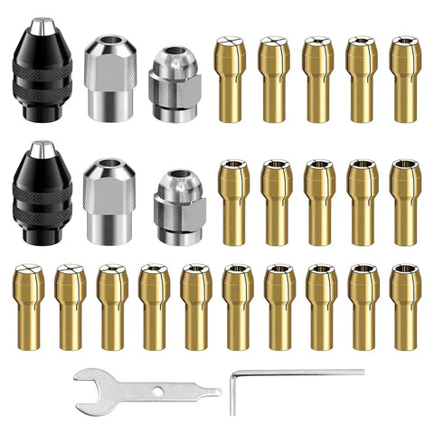 Drill Chuck Collet Set For Dremel Tools, 28 Piece Kit With 2 British 3 Jaw 4486 Chucks, collets, adapter, wrenches, and nuts