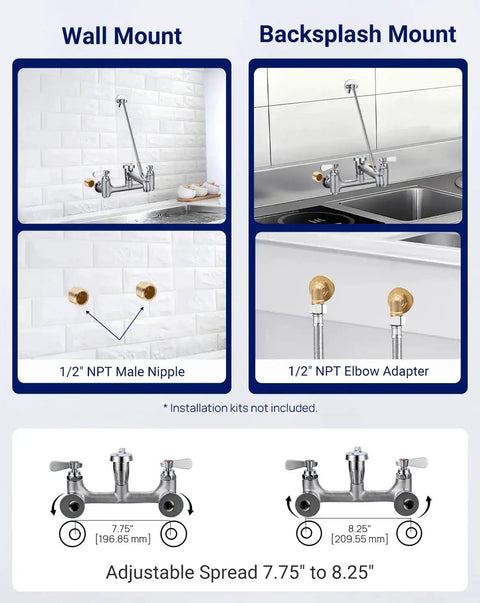 Heavy Duty Wall Mount Mop Sink Faucet With Vacuum Breaker Eight Inch Center Three Quarter Inch Hose Thread Installation Options Diagram