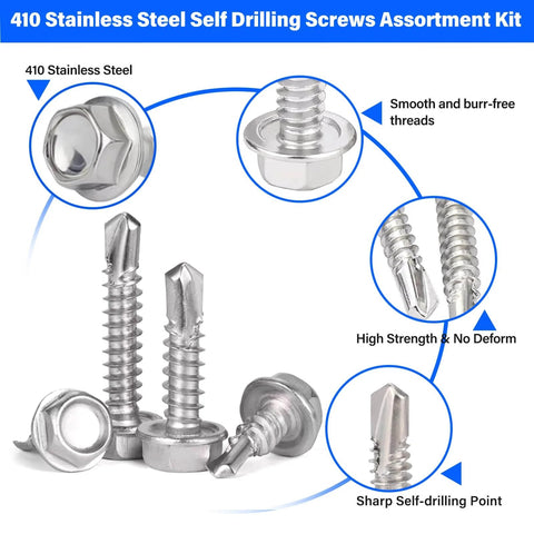 450Pcs stainless steel 410 self-drilling screws kit, hex head, #8-#10, lengths 1/2–1-1/4 in, Bearings Canada