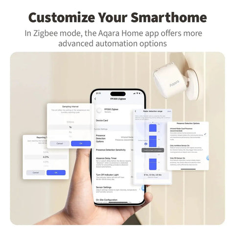 AI Powered 5 In 1 Presence Sensor With 60GHz MmWave And PIR Motion Detection Light Temperature And Humidity Thread And Zigbee Compatible With HomeKit Home Assistant Alexa And Google Home That Plays Nice With Your Smart Home shown with smartphone and app interface in Zigbee mode.