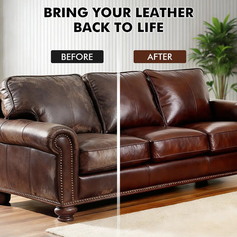 Dark Brown Leather Recoloring Balm For Furniture Repair And Restoration Startso World Leather Dye And Color Restorer For Couches before and after comparison on a leather sofa.