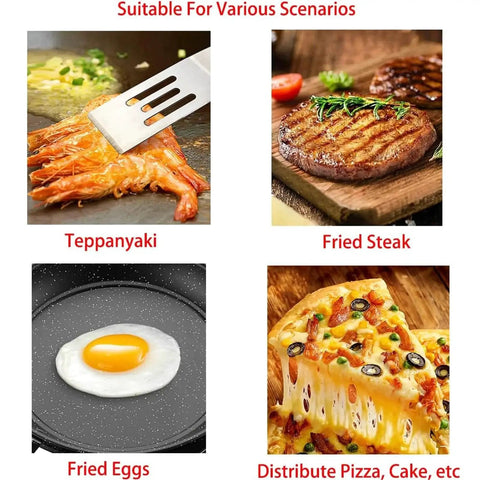 Two Piece Small Metal Spatula Set For Kitchen Use Stainless Steel Slotted spatula flipping shrimp, steak, eggs, and pizza