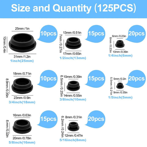 125 Piece Silicone Rubber Hole Plugs Kit Eight Size Range For Round Holes From One Inch To One Fifth Inch graphic chart
