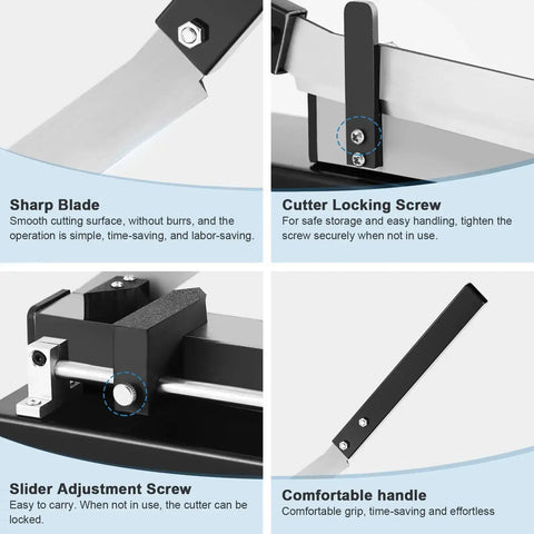 Close-up of Open Slot Wire Duct Cutter Tool features with sharp blade, locking screw, slider adjustment, and comfortable handle.