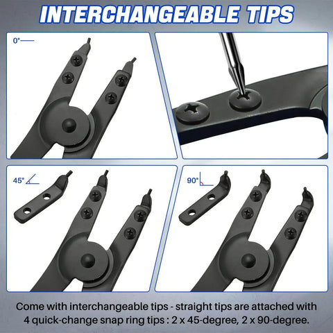 Heavy Duty 16 Inch Snap Ring Plier Set With Internal And External Circlip Pliers Straight And Angled Jaws Includes Four Quick Change Tips Two 45 Degree And Two 90 Degree For Easy Install And Removal Of Snap Rings showing interchangeable tips for versatile use.