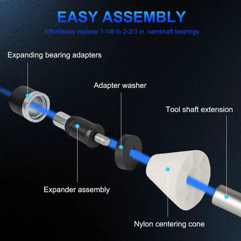 Exploded view of Universal Cam Bearing Installation And Removal Tool Kit with expanding adapters and nylon centering cone.