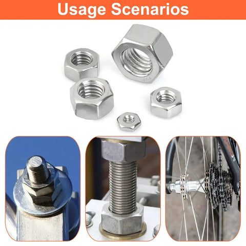 Hex Nuts Assortment Kit 150 Piece Set In 10 SAE Sizes Stainless Steel 304 shown in various usage scenarios.