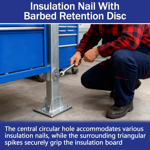 Ranstac 300pcs foam board fasteners with stainless steel washers; worker tightens a fastener onto a metal post.