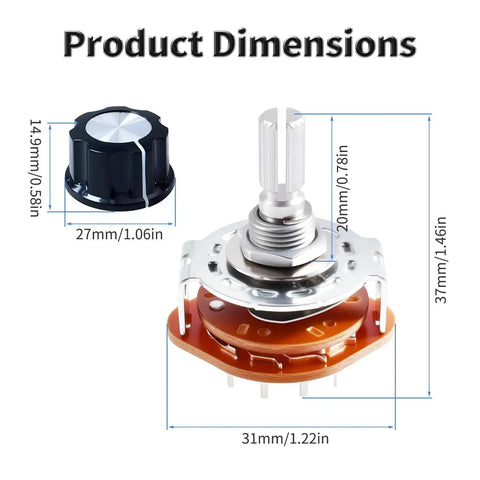 Dimensions of Four Pack RS25 Rotary Band Switches 2 Pole 6 Position 2P6T Rotary Channel Selector with knob for DIY repairs