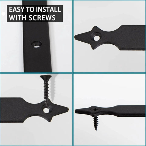 Rustic Barn Door Corner Brackets Set 4.9 In Matte Black L Shape Sliding Door Hardware with screws showing installation method.