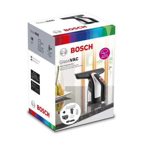 Bosch GlassVAC Battery Window Vacuum Cleaner box with handheld black and white window vacuum and red trigger
