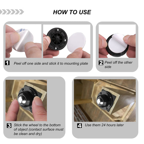 PlusRoc 8-pack stainless steel self-adhesive caster wheels for mop buckets; step-by-step install guide.