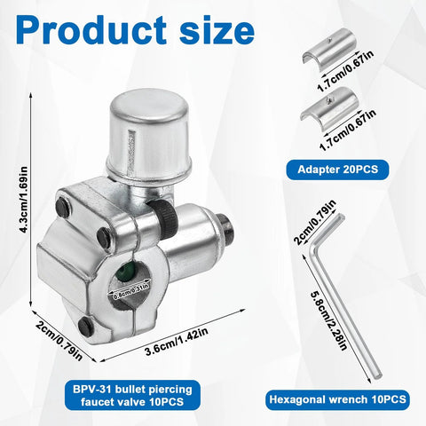 BPV-31 bullet piercing valve kit, front view, silver metal with 20 adapters and 10 hex keys for refrigerator lines