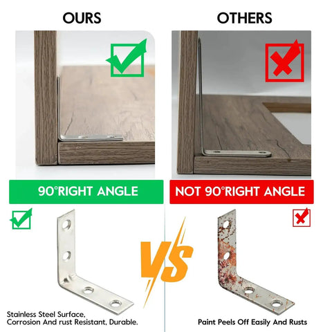 Comparison of our 40 Piece Stainless Steel L Bracket Corner Brace Set with screws against others, highlighting right angles and durability.